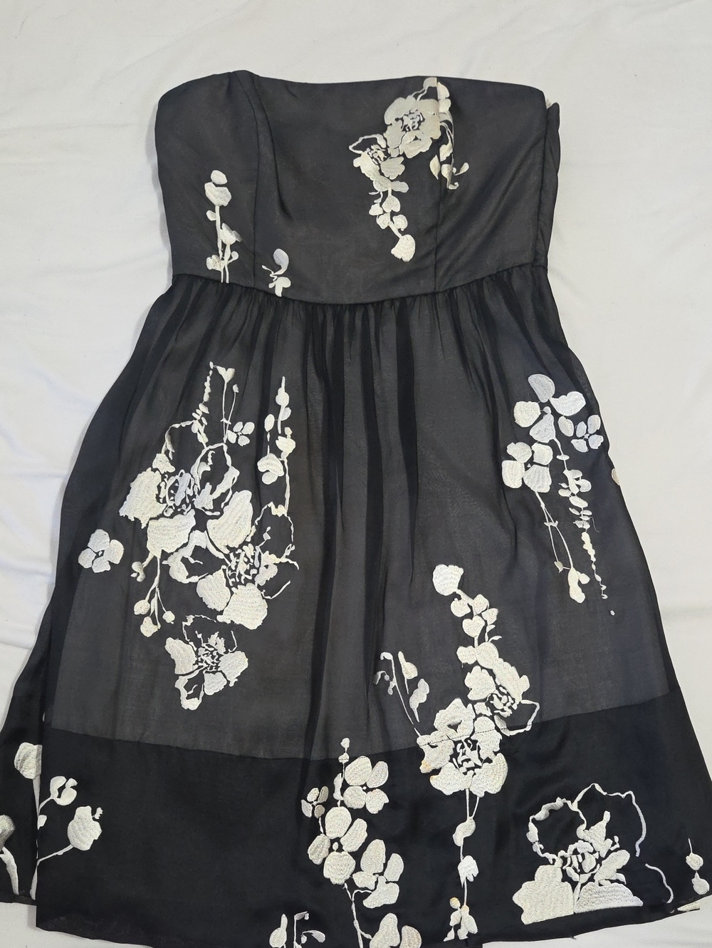 White House Black Market Black Strapless Dress with White Floral Embroidery